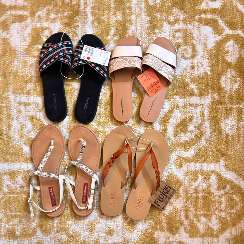 Lot Of 4 BNWT American Eagle, H&M, Flojos, Union Bay Sandals/flip Flops Size 7-8